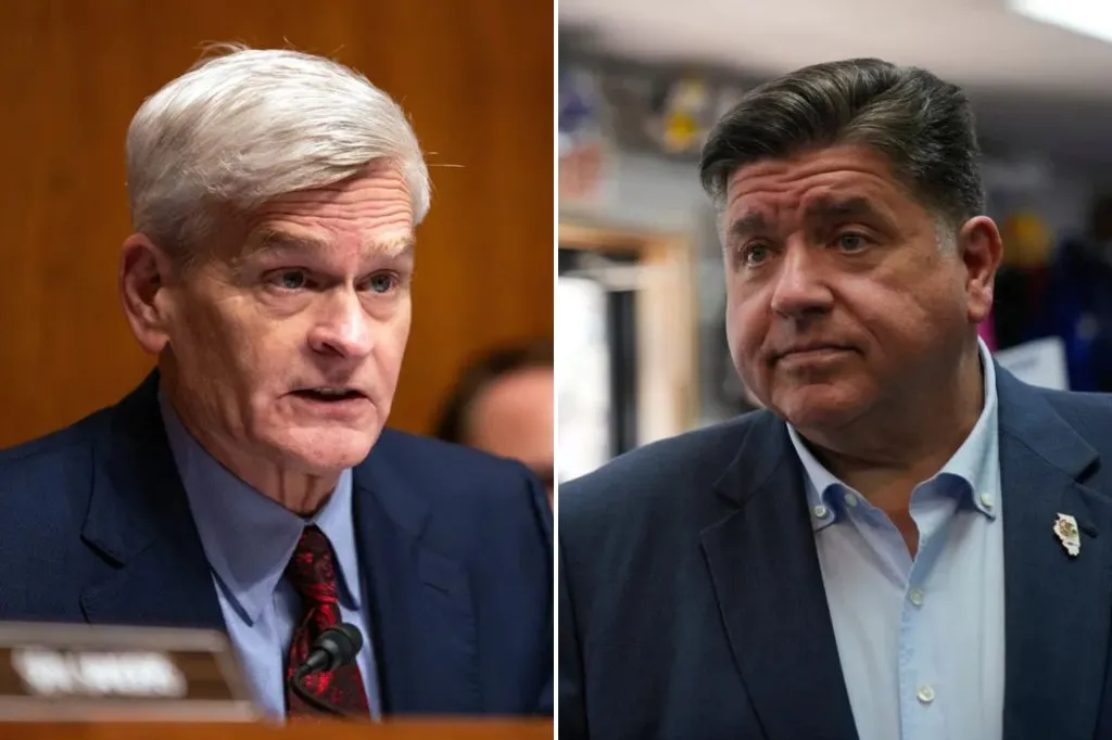From l-r: Senate Health, Education, Labor, and Pensions Committee Chairman Bill Cassidy, R-La., attends a hearing on Capitol Hill in Washington, Thursday, Oct. 9, 2025, and Illinois Gov. J.B. Pritzker speaks at his family's soccer gear business, Thursday, Sept. 4, 2025, in Berwyn, Ill.