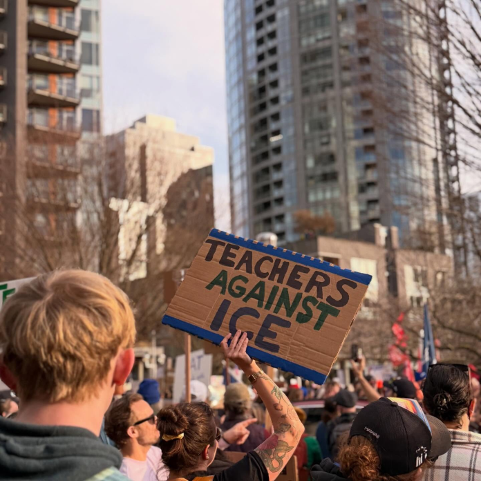 Portland protest sign says “Teachers Against ICE.”