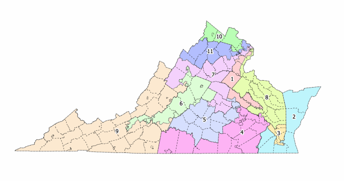 Virginia Democrats’ proposed 10-D, 1-R congressional districts map preserves the broad outlines of some existing districts but redistributes how the population is grouped across much of the state. (Virginia Legislative Information System)