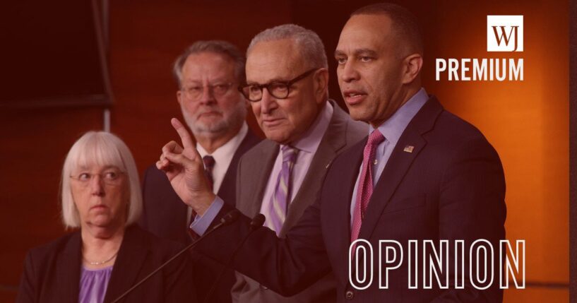 Congressional Democrats, including House Minority Leader Hakeem Jeffries of New York, right, Senate Minority Leader Chuck Schumer of New York, Sen. Gary Peters of Michigan and Sen. Patty Murray of Washington, appear at a news conference at the U.S. Capitol in Washington, D.C., on Feb. 4. Democrat leadership is reportedly debating fielding a straight, white, Christian man for president after its more diverse candidates have fallen flat in recent elections.