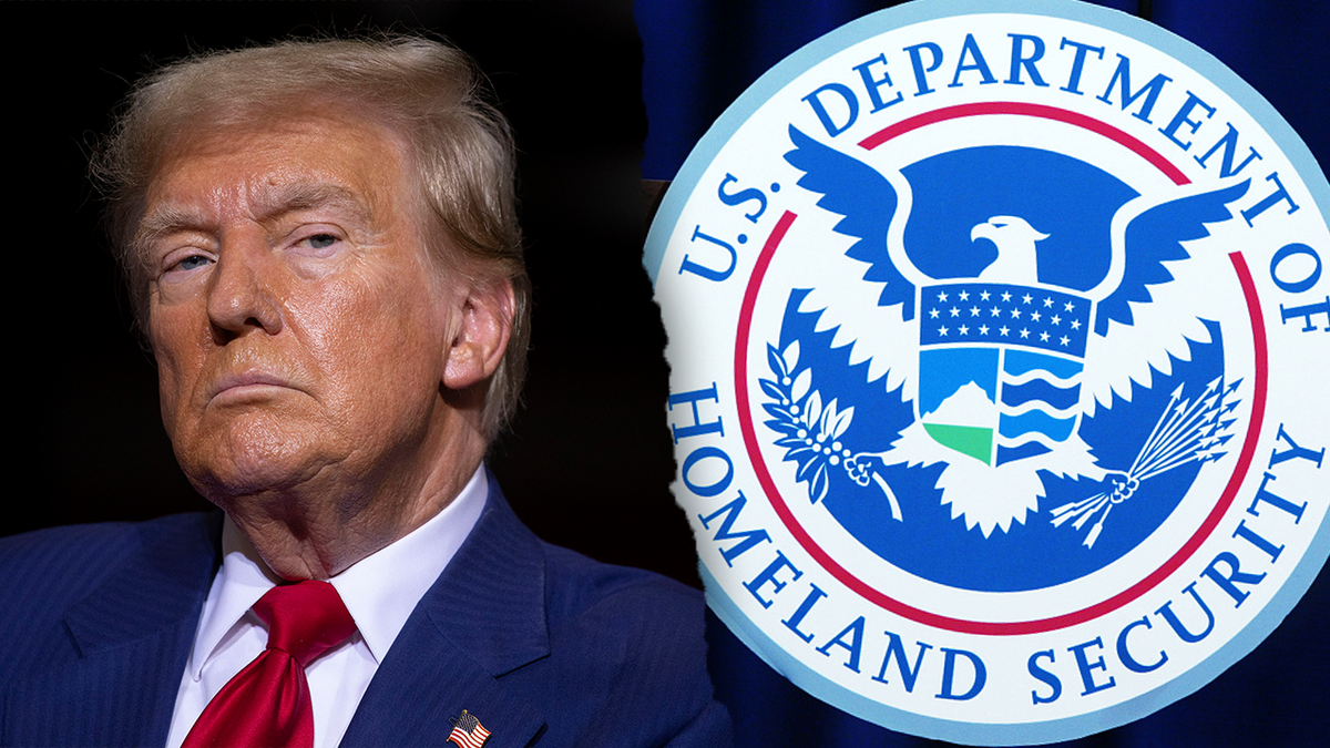 President Donald Trump and the logo for the U.S. Department of Homeland Security (DHS) are seen side-by-side in this split image.