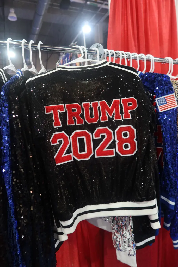 Deborah Yana from Des Moines, Iowa sells bedazzled Trump 2028 jackets as part of her small business called Make America Sparkle Again. (Samantha-Jo Roth, Washington Examiner)