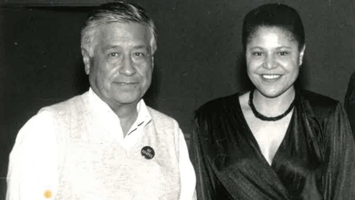 Los Angeles Mayor Karen Bass next to Cesar Chavez