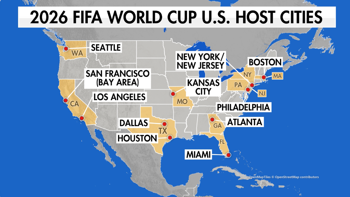 Map showing host cities for the 2026 FIFA World Cup across the United States, Mexico and Canada.