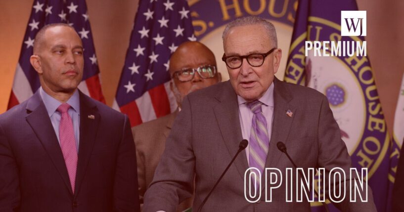 Senate Minority Leader Chuck Schumer, a New York Democrat, right, joined by House Minority Leader Hakeem Jeffries, also a New York Democrat, left, and House Homeland Security Ranking Member Bennie Thompson, a Mississippi Democrat, speaks at a Feb. 4 news conference on Department of Homeland Security funding at the U.S. Capitol in Washington, D.C. Democrats have repeatedly sabotaged the economy with their dragged-out government shutdowns.