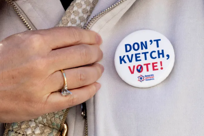A button targeting Jewish voters during the Jewish holiday of Sukkot in Bala Cynwyd, Pa on Sunday, Oct. 20, 2024. (AP Photo/Laurence Kesterson)