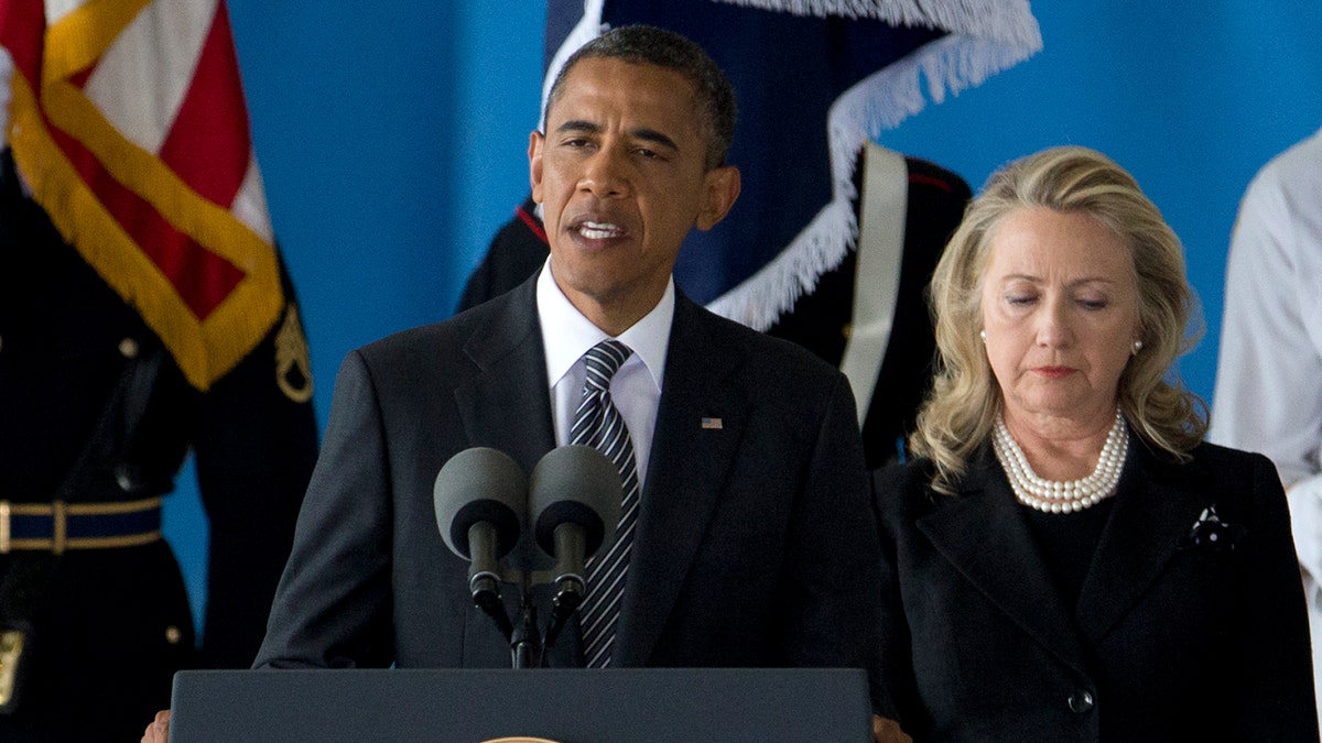 Sept. 14, 2012: President Barack Obama, accompanied by Secretary of State Hillary Rodham Clinton, speaks during a Transfer of Remains Ceremony, at Andrews Air Force Base, Md.