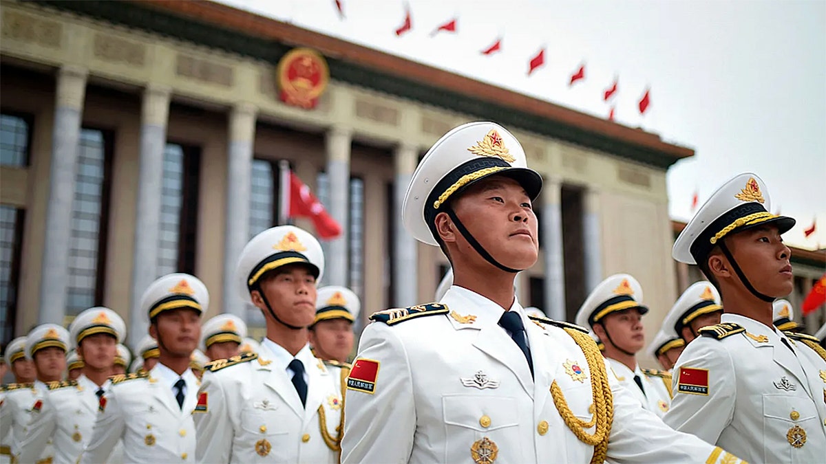 Chinese honor guards outside the Great Hall of the People in Beijing