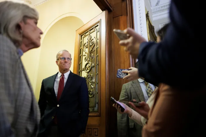 Senate Majority Leader John Thune R-S.D. speaks to reporters in the Ohio Clock Corridor on Capitol Hill on Friday, March 20, 2026, in Washington