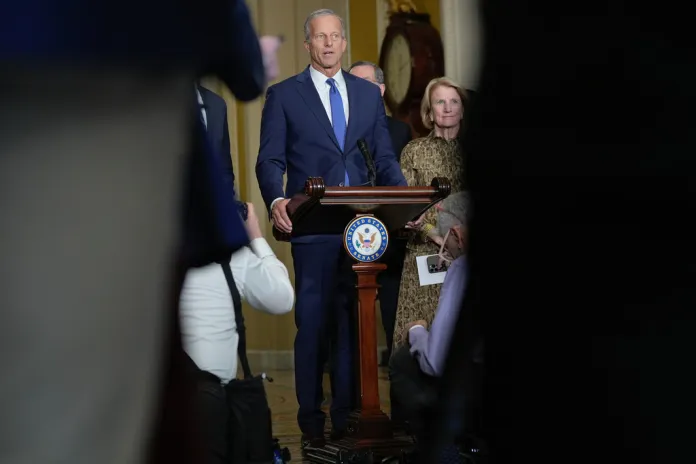 Sen. Majority Leader John Thune, R-S.D., speaks during a news conference after a policy luncheon on Capitol Hill, Tuesday, March 17, 2026, in Washington