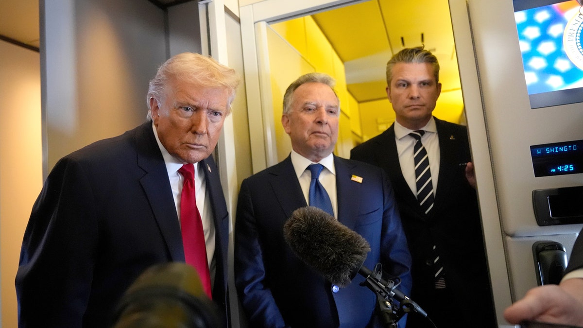 Trump, Steve Witkoff and Pete Hegseth during an AF1 gaggle