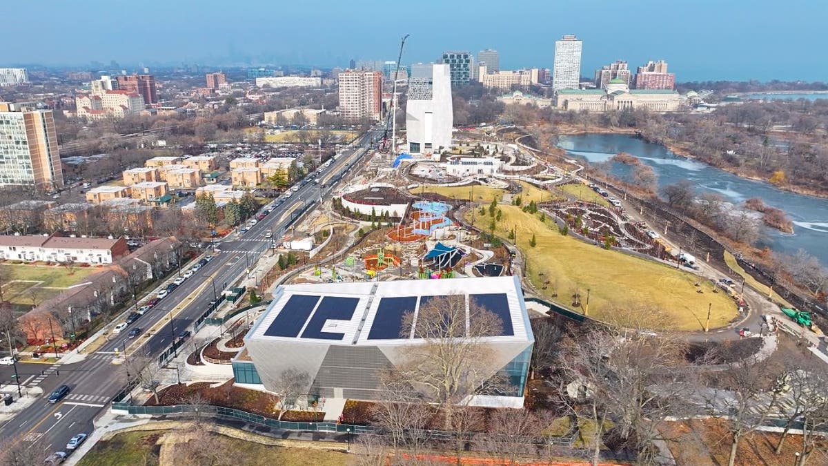 Exterior view of the Obama Presidential Center tower under construction in Chicago.