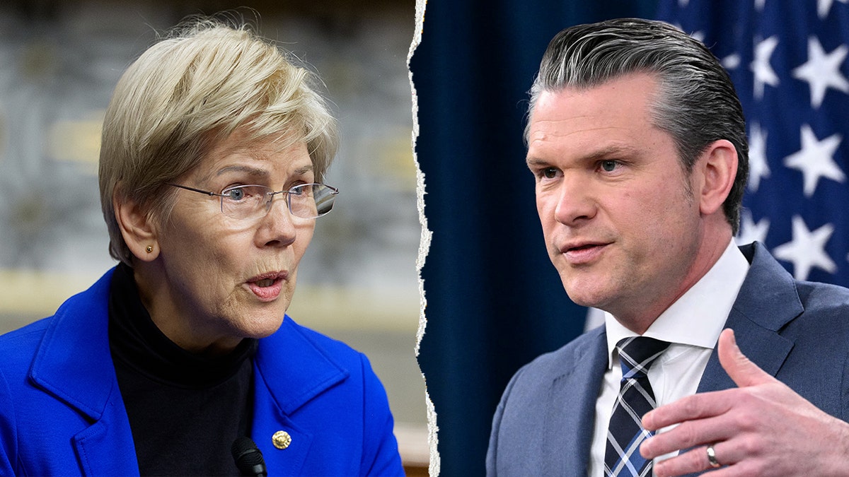 Split image of Elizabeth Warren and Pete Hegseth