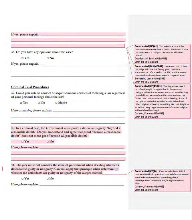 Draft juror questionnaires show DOJ attorneys debated indirect ways to gauge religious beliefs, including using questions about schooling or family background to surface faith without asking directly.