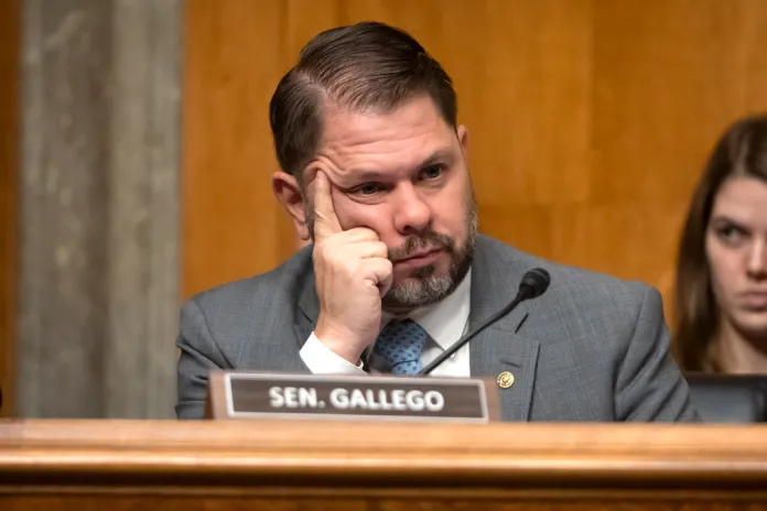 Sen. Ruben Gallego, D-Ariz., listens during a hearing of the Senate Committee on Homeland Security and Governmental Affairs on Capitol Hill, Thursday, April 3, 2025, in Washington