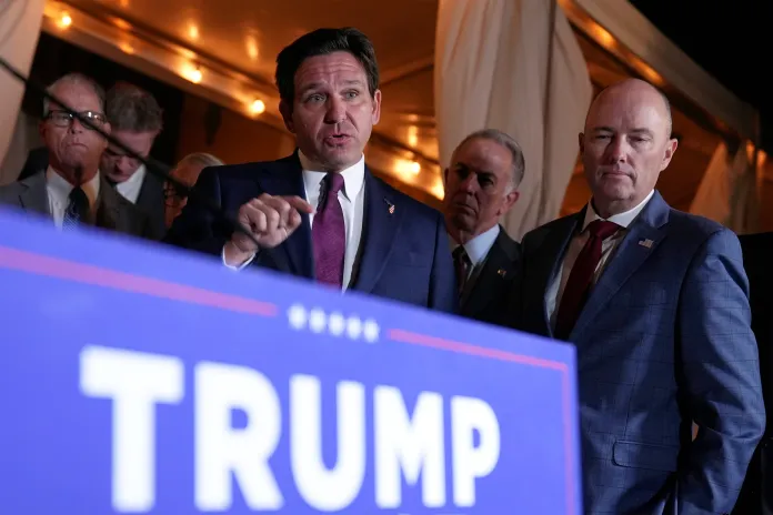 FILE - Florida Gov. Ron DeSantis speaks at a meeting with Republican governors and President-elect Donald Trump, at Mar-a-Lago, in Palm Beach, Fla., Jan. 9, 2025. (AP Photo/Evan Vucci, File)