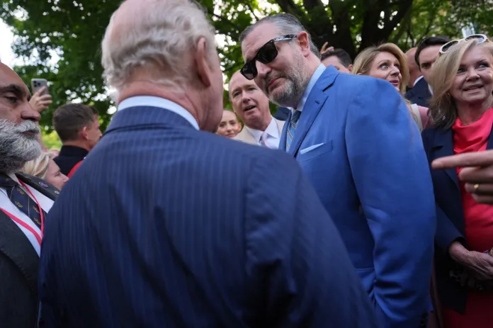 Sen. Ted Cruz, R-Texas, right, speaks with Britain's King Charles III during a garden party at the British Embassy, Monday, April 27, 2026, in Washington. 