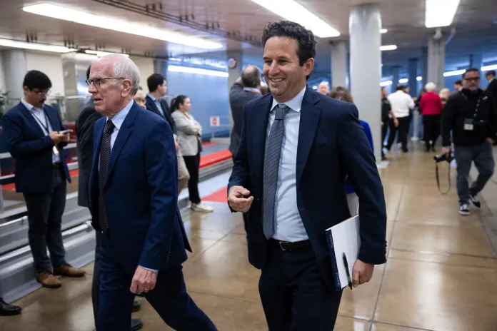 Sens. Peter Welch (D-Vt.) and Brian Schatz (D-Hawaii) walk to a vote at the U.S. Capitol Nov. 14, 2024. (Francis Chung/POLITICO via AP Images)