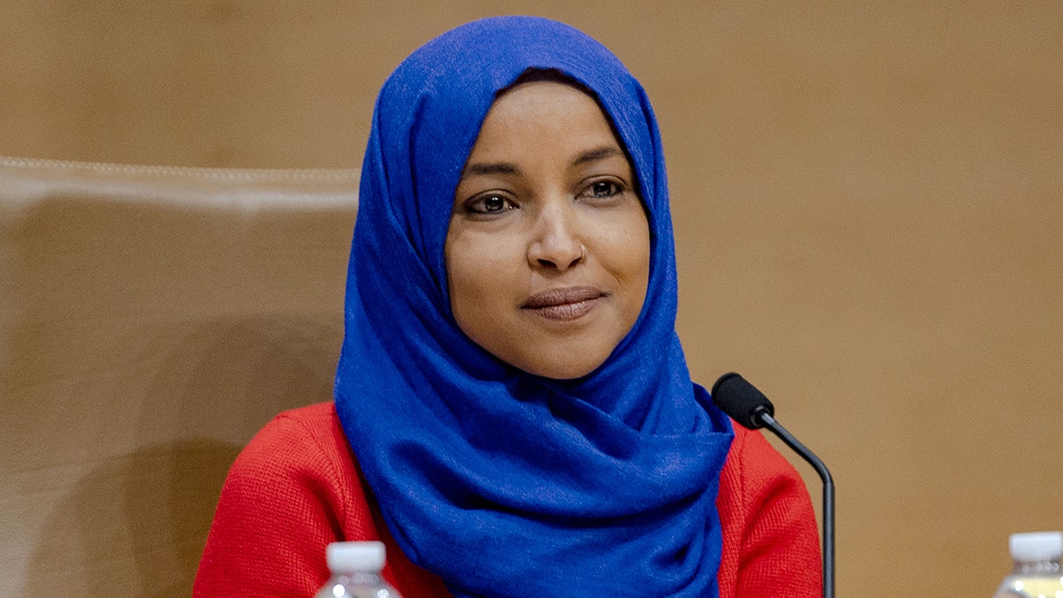 Rep. Ilhan Omar speaking at a town hall event in St. Paul, Minnesota