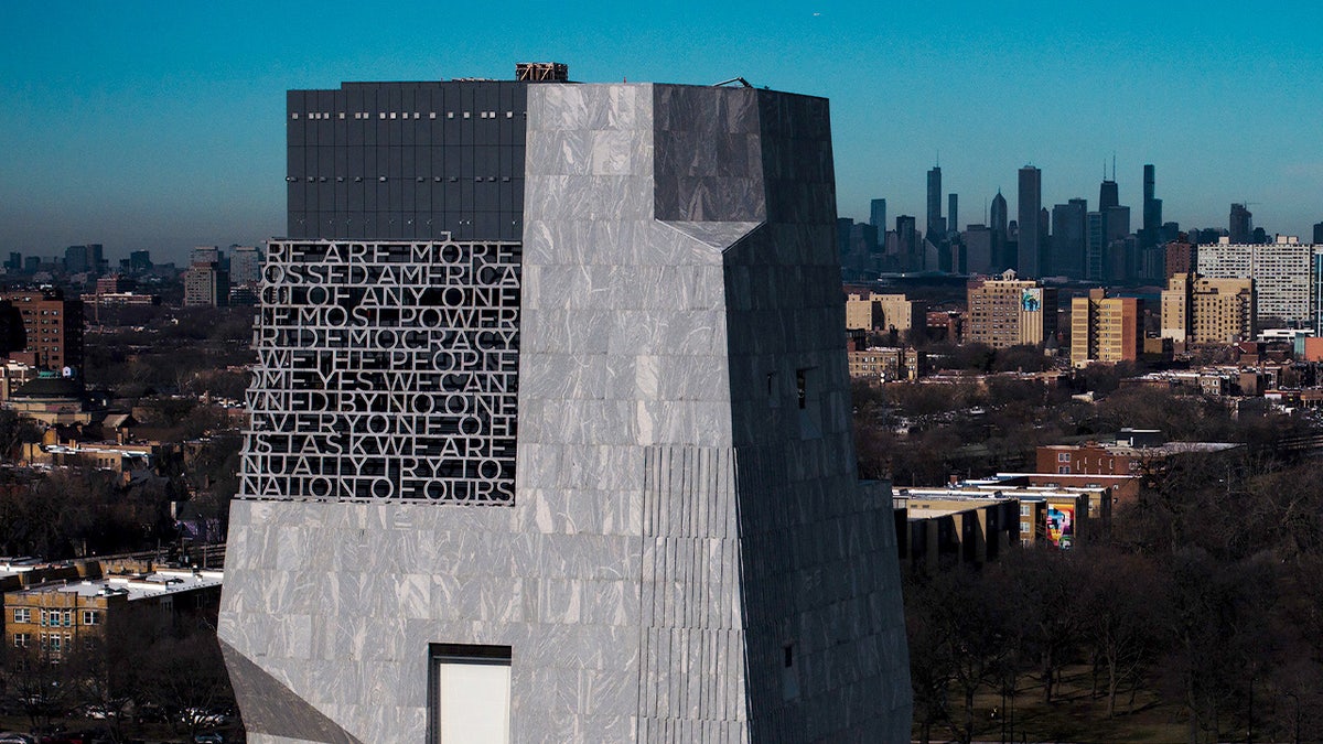 The Obama Presidential Center with former President Obama's speech text on its side in Chicago