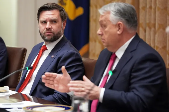 Vice President JD Vance sits with Hungarian Prime Minister Viktor Orban in a meeting.