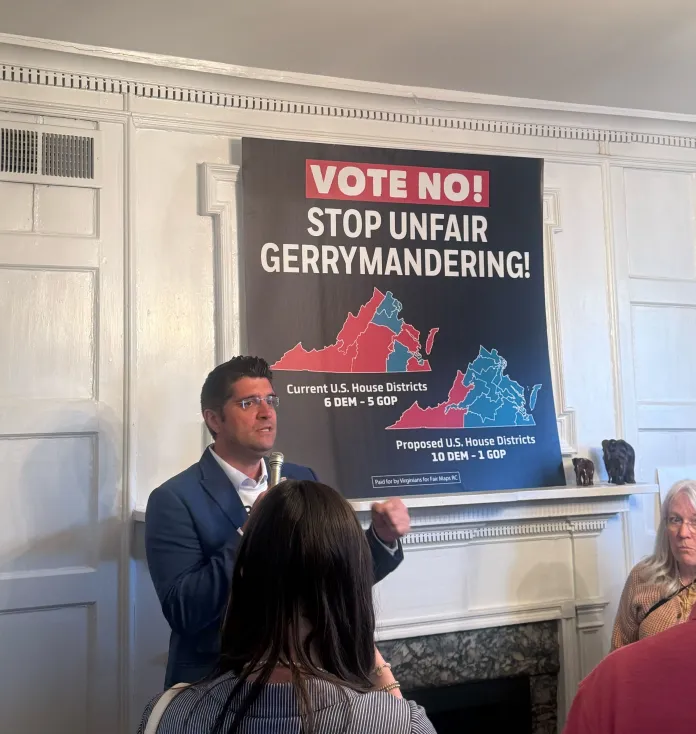 Republican Phillip Harding opens the rally in Culpepper, VA, to encourage residents to vote no, against the Virginia redistricting vote on April 21. (Washington Examiner/Adisa Hargett-Robinson)