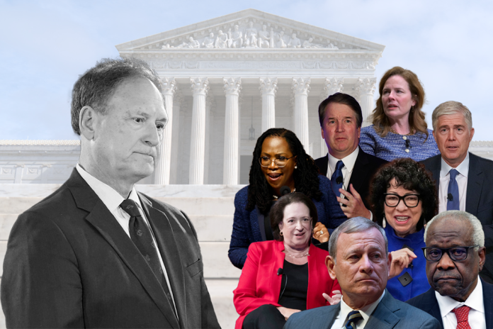 Supreme Court Justice Samuel Alito in black and white with all the other Supreme Court justices next to him on the right in color with the Supreme Court as the background
