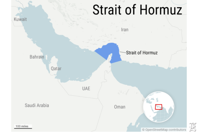 A map showing the location of the Strait of Hormuz.