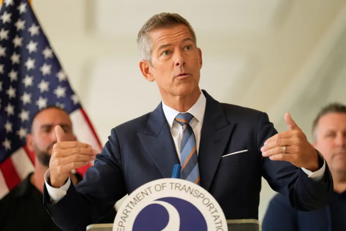 Transportation Secretary Sean Duffy speaks during a news conference.