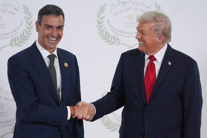President Donald Trump greets Spanish Prime Minister Pedro Sanchez.