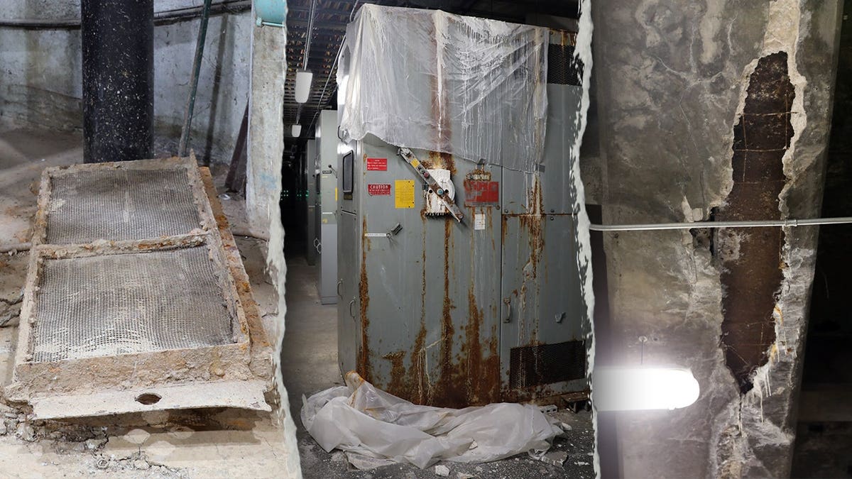Split image showing infrastructure damage inside the Kennedy Center, including a displaced sluice panel, rusted electrical equipment and exposed rebar in cracked concrete