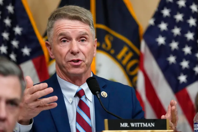 Rep. Rob Wittman, R-Va., questions witnesses during a hearing of a special House committee dedicated to countering China, on Capitol Hill, Tuesday, Feb. 28, 2023, in Washington. (AP Photo/Alex Brandon)
