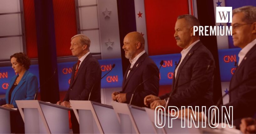 California gubernatorial candidates, from left, former Rep. Katie Porter, businessman Tom Steyer, businessman Steve Hilton, Riverside County Sheriff Chad Bianco, and former U.S. Secretary of Health and Human Services Xavier Becerra, look on during a CNN California Governor Primary Debate at East Los Angeles College Tuesday in Monterey Park, California.