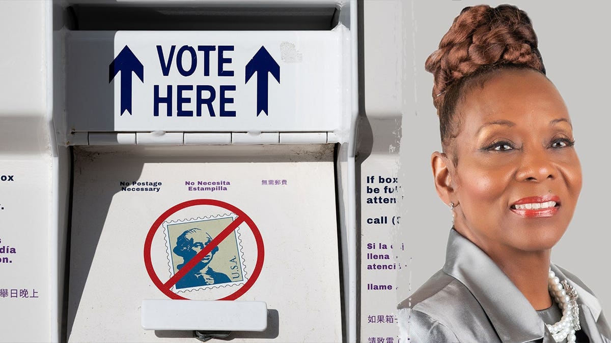 Vote-by-mail ballot drop box and Sylvia Sims Bolton