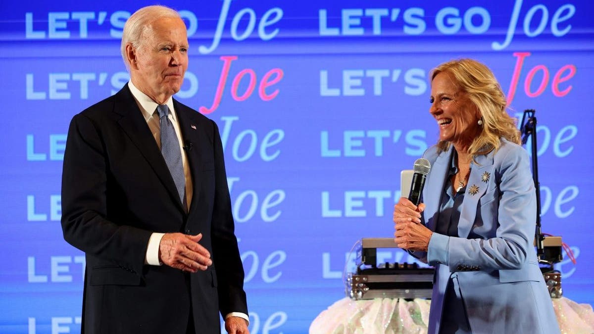 President Joe Biden and first lady Jill Biden speaking at a watch party in Atlanta Georgia