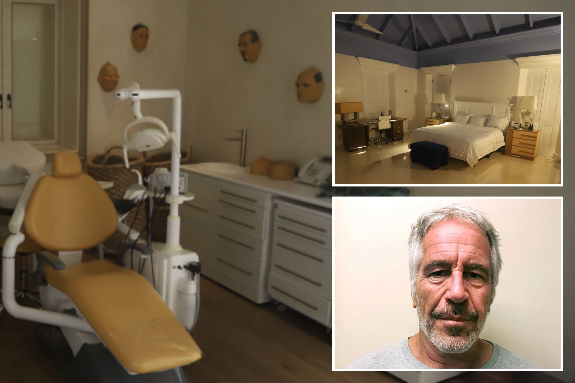 A collage of images of Jeffrey Epstein and his private island.