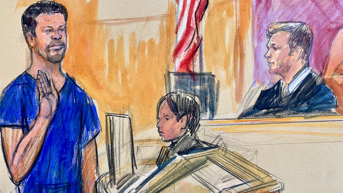 Sketch of Cole Allen appearing in court at E. Barrett Prettyman United States Courthouse in Washington, D.C.