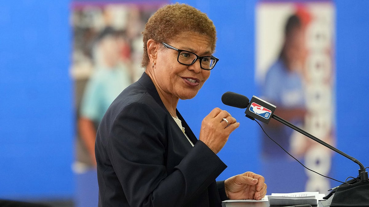 Los Angeles Mayor Karen Bass speaking at NBA Cares Legacy Project Dedication at Weingart YMCA