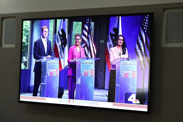 Los Angeles, CA - MAY 06, 2026: Spencer Pratt, from left, Karen Bass and Nithya Raman take part in the Los Angeles Mayoral debate at Skirball Cultural Center on Wednesday, May 6, 2026 in Los Angeles, CA.