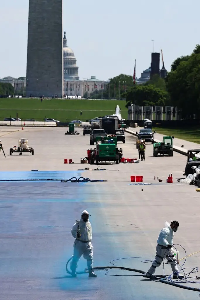 A tarp was placed over the Lincoln Memorial reflecting pool on Friday, May 1, 2026. (Photo by Graeme Jennings)
