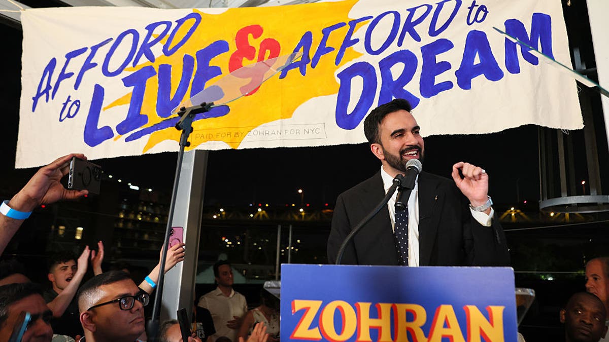 State Rep. Zohran Mamdani speaking to supporters at an election night gathering in Long Island City