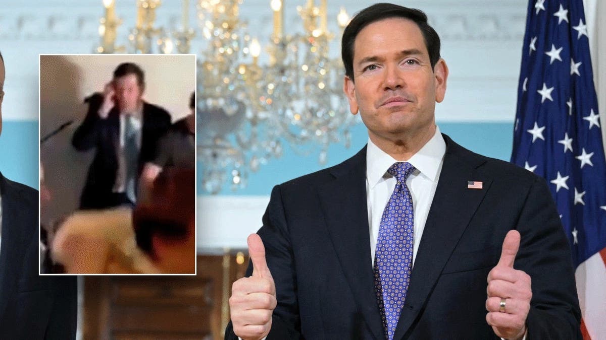 Secretary of State Marco Rubio gives a thumbs-up while an inset image shows him DJing at a wedding.
