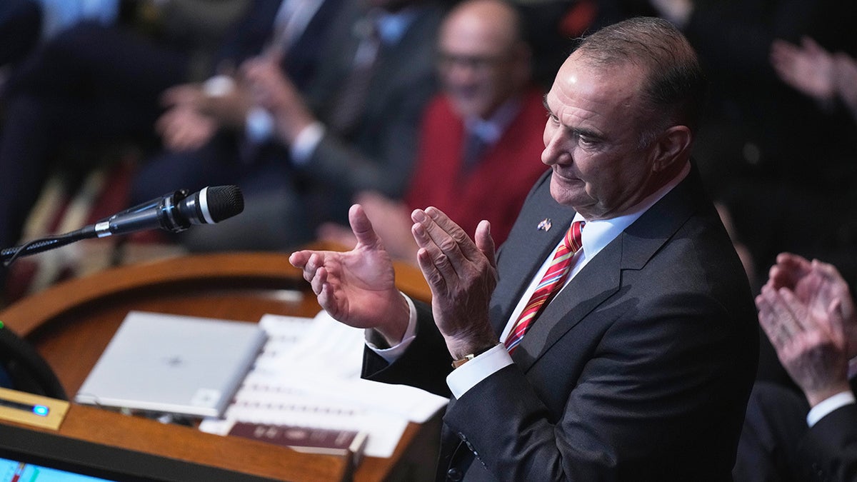 Missouri Gov. Mike Kehoe applauding while delivering State of the State address