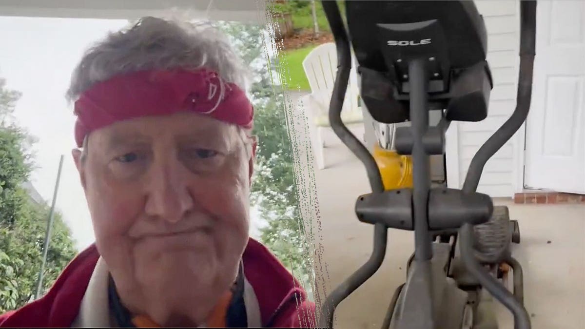 Split image of Sen John Kennedy and his elliptical machine "Margaret"