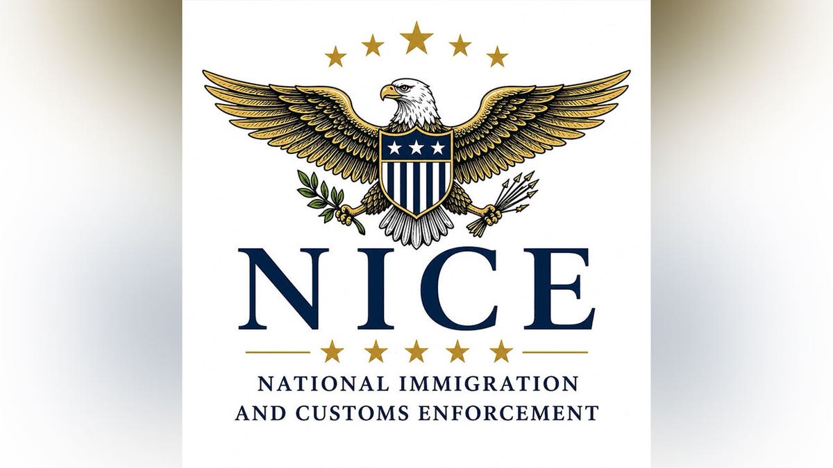 NICE graphic with eagle and shield design referencing ICE.