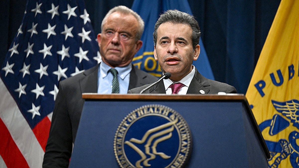 Food and Drug Administration Commissioner Marty Makary speaking at a press conference with Secretary Robert F. Kennedy Jr. in Washington, D.C.