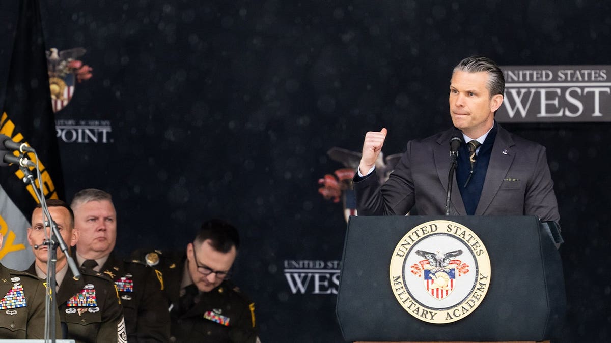 U.S. Secretary of War Pete Hegseth speaks to graduating cadets