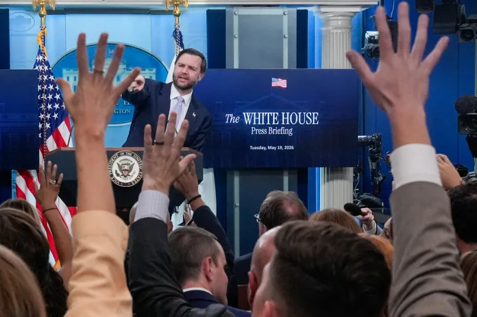 Vice President JD Vance points to a question as he speaks to reporters during a press briefing at the White House, Tuesday, May 19, 2026, in Washington.
