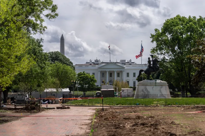 The White House is seen past Lafayette Park under construction ahead of America 250,