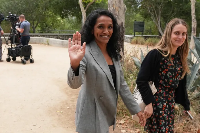 Nithya Raman, a candidate in the Los Angeles mayoral race, waves after a news conference Thursday, May 28, 2026, in Los Angeles.